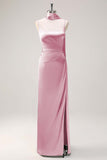Blushing Pink Satin Scoop Neck Sheath Bridesmaid Dress with Ribbon