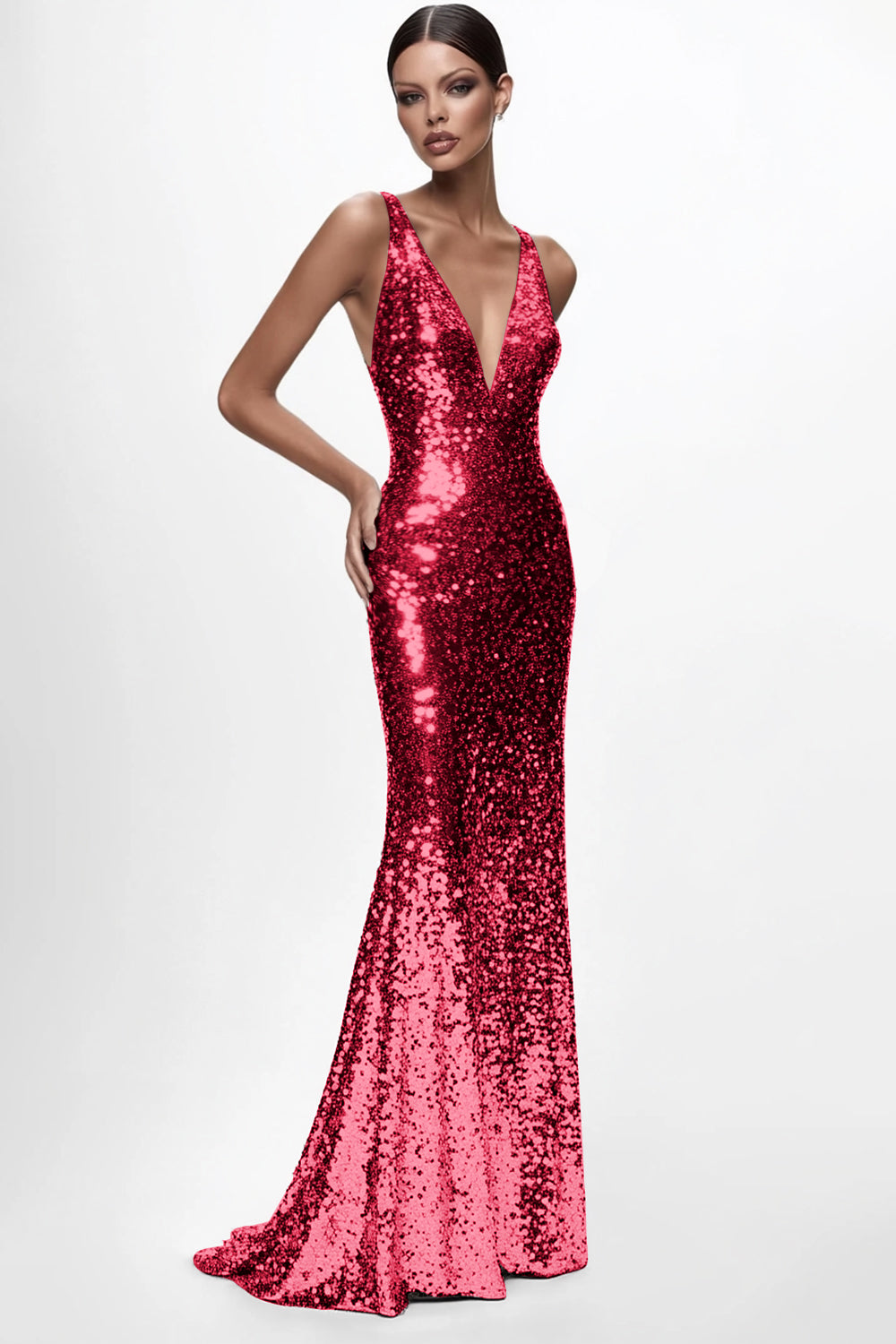Sparkly Silver V-Neck Mermaid Sequined Formal Dress