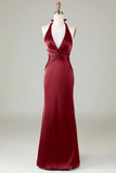 Mermaid Halter Dark Green Front Twist Maxi Bridesmaid Dress