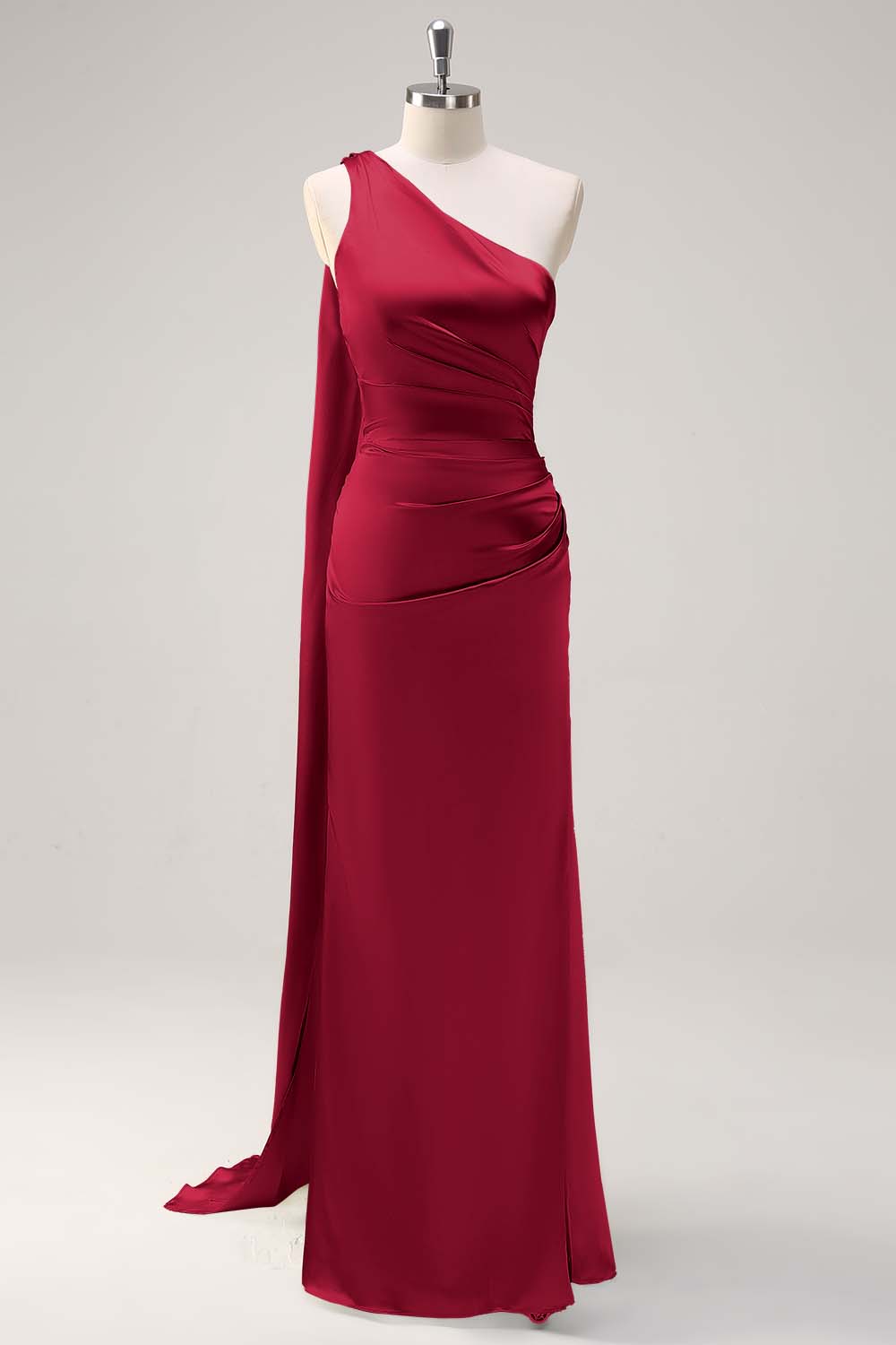Leely Women Red One Shoulder Sheath Satin Bridesmaid Dress with Slit Watteau Train Wedding Guest Dress with Detachable Ribbon