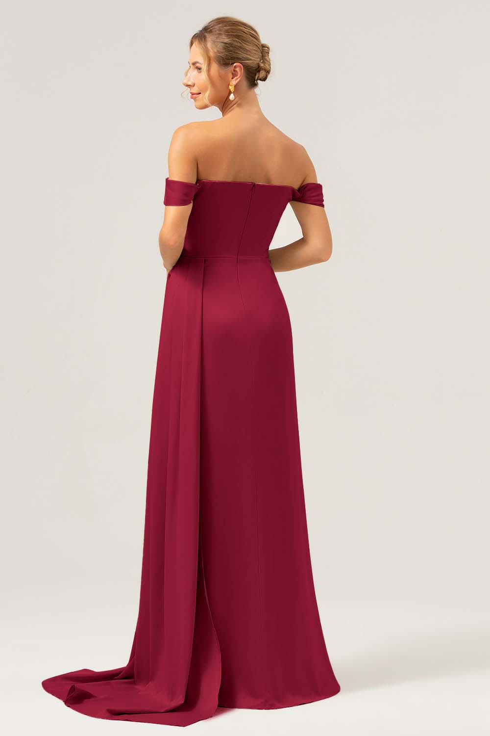 Dark Navy Satin Off the Shoulder Pleated Bridesmaid Dress with Slit