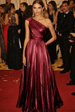 One Shoulder Golden Metallic Pleated A-Line Formal Dress