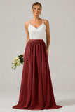 Eucalyptus A-Line Spaghetti Straps Pleated Long Bridesmaid Dress With Lace