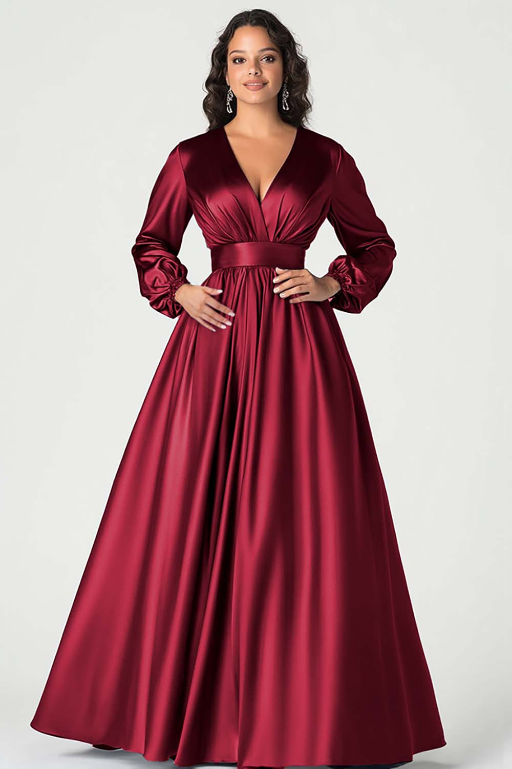 Grey Blue Satin A-Line Mother of the Bride Dress with Long Sleeves