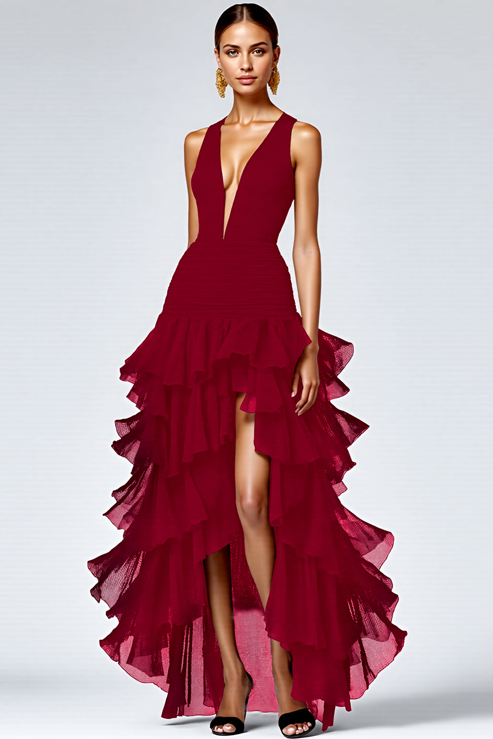 Black A Line Deep V-Neck Ruffled Long Formal Dress with Slit