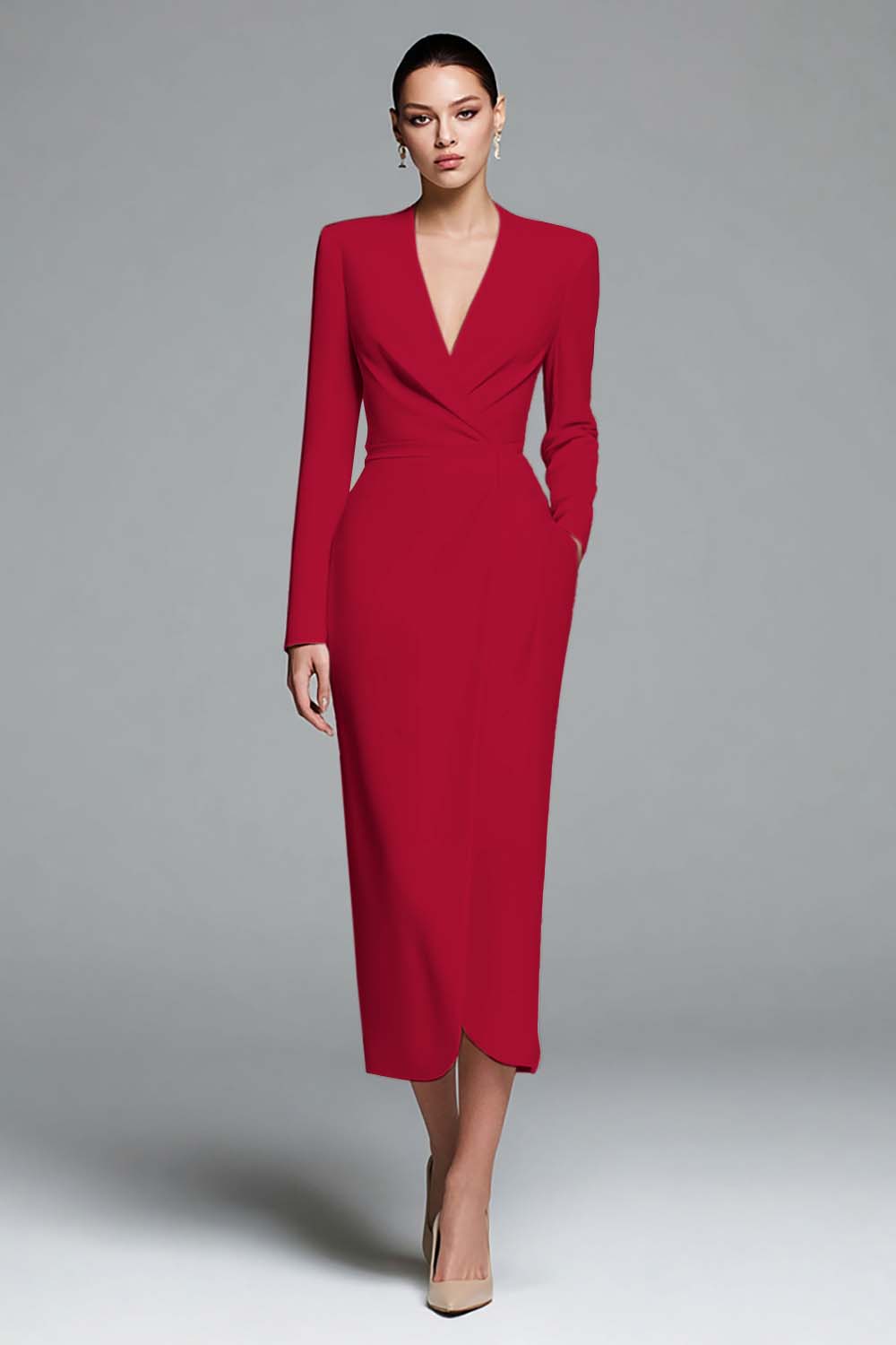 Simple Dark Green Sheath Satin V-Neck Long Sleeves Work Dress
