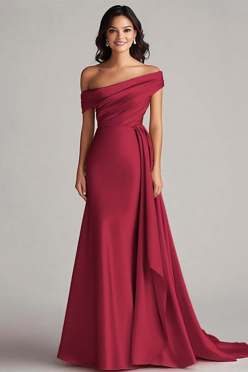 Champagne Satin Sheath Off the Shoulder Formal Dress with Side Cape