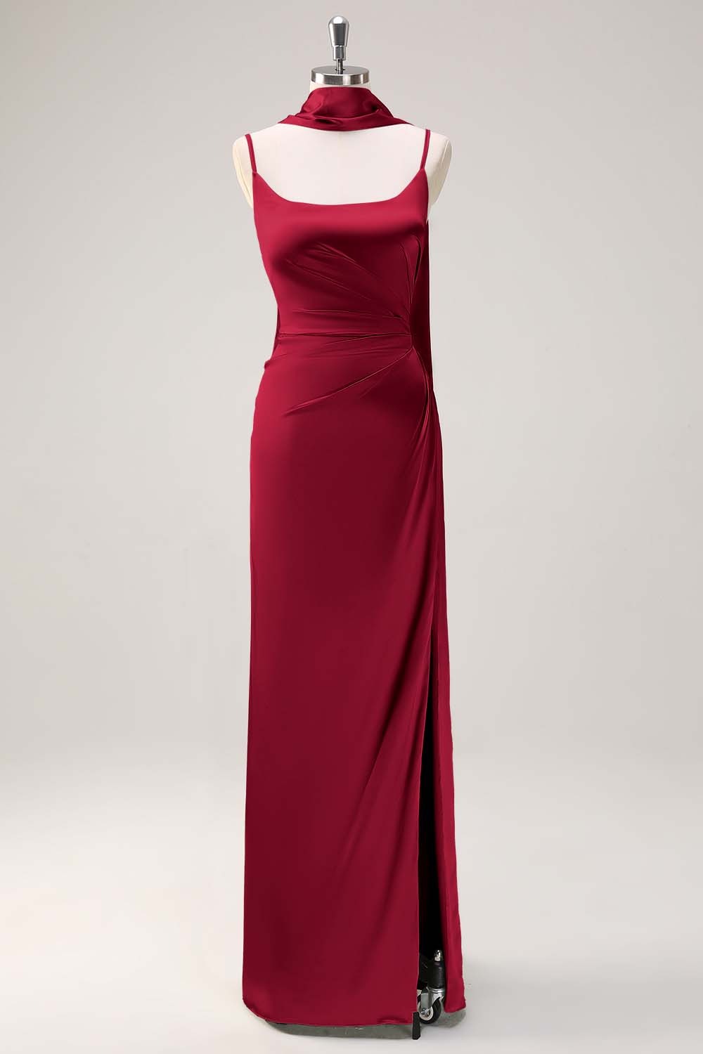 Blushing Pink Satin Scoop Neck Sheath Bridesmaid Dress with Ribbon