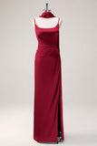 Blushing Pink Satin Scoop Neck Sheath Bridesmaid Dress with Ribbon