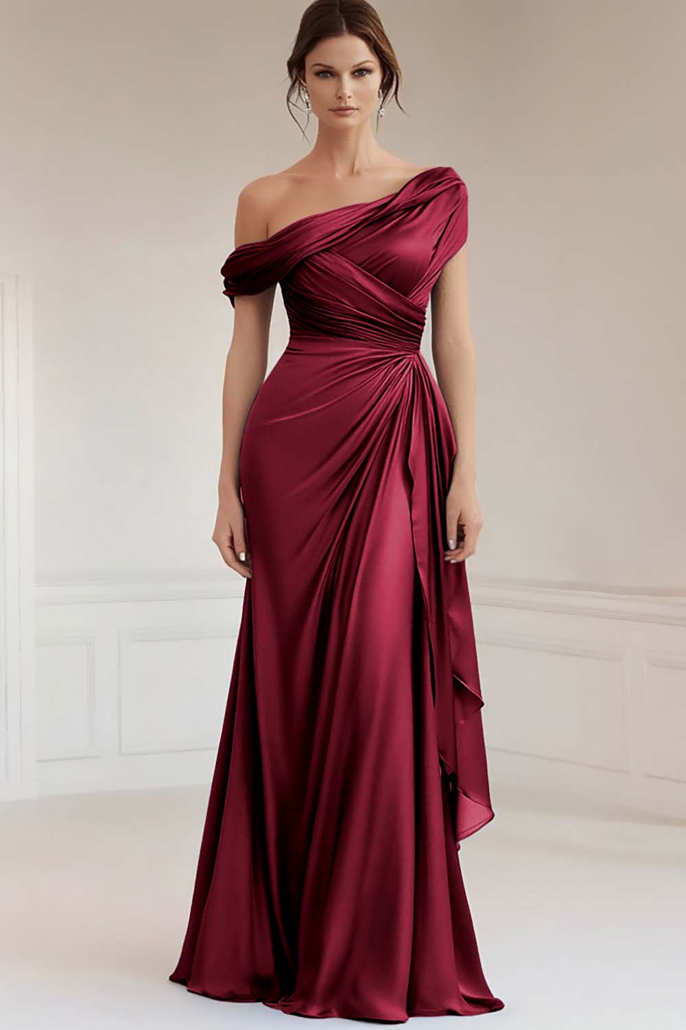 Dusty Rose Satin One Shoulder Sheath Mother of the Bride Dress with Ruffles