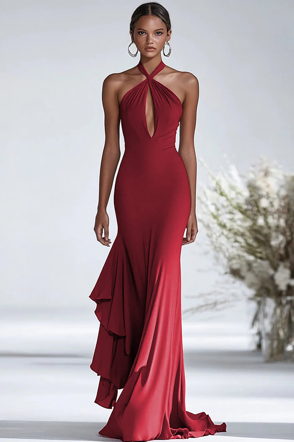 Terracotta Sheath Halter Chiffon Keyhole Long Formal Dress with Ruffles