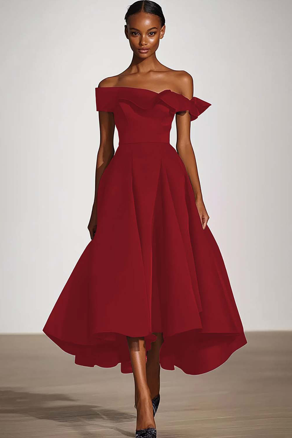 Black Off the Shoulder A Line Ruffled Tea-Length Formal Dress
