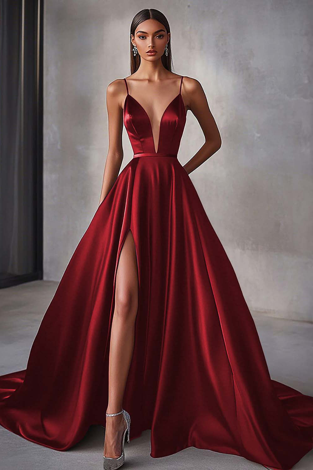 Navy A Line Satin V-Neck Spaghetti Straps Maxi Prom Dress with Slit