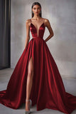 Navy A Line Satin V-Neck Spaghetti Straps Maxi Prom Dress with Slit