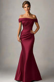 Off the Shoulder Eucalyptus Mermaid Satin Ruched Maxi Formal Dress