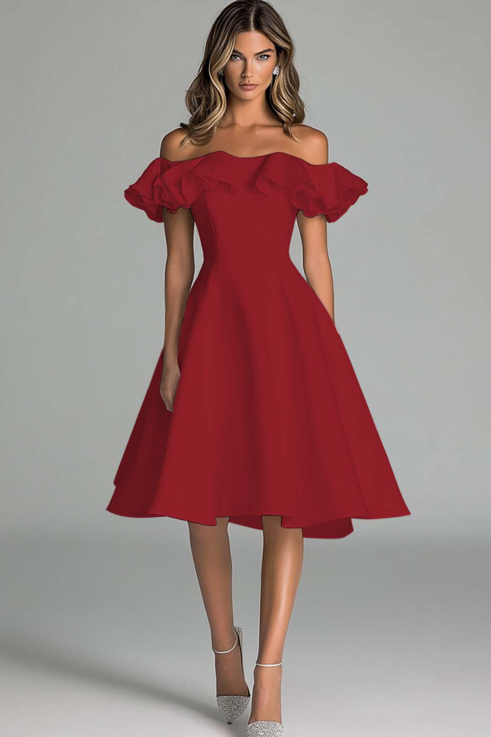 White A Line Satin Off the Shoulder Midi Graduation Dress with Ruffles