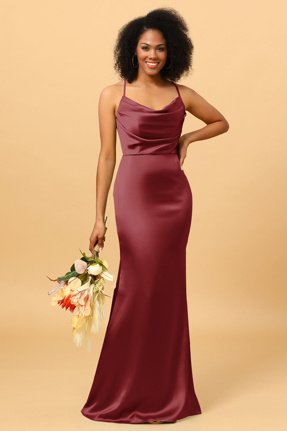 Dusty Sage Mermaid Cowl Neckline Long Satin Bridesmaid Dress