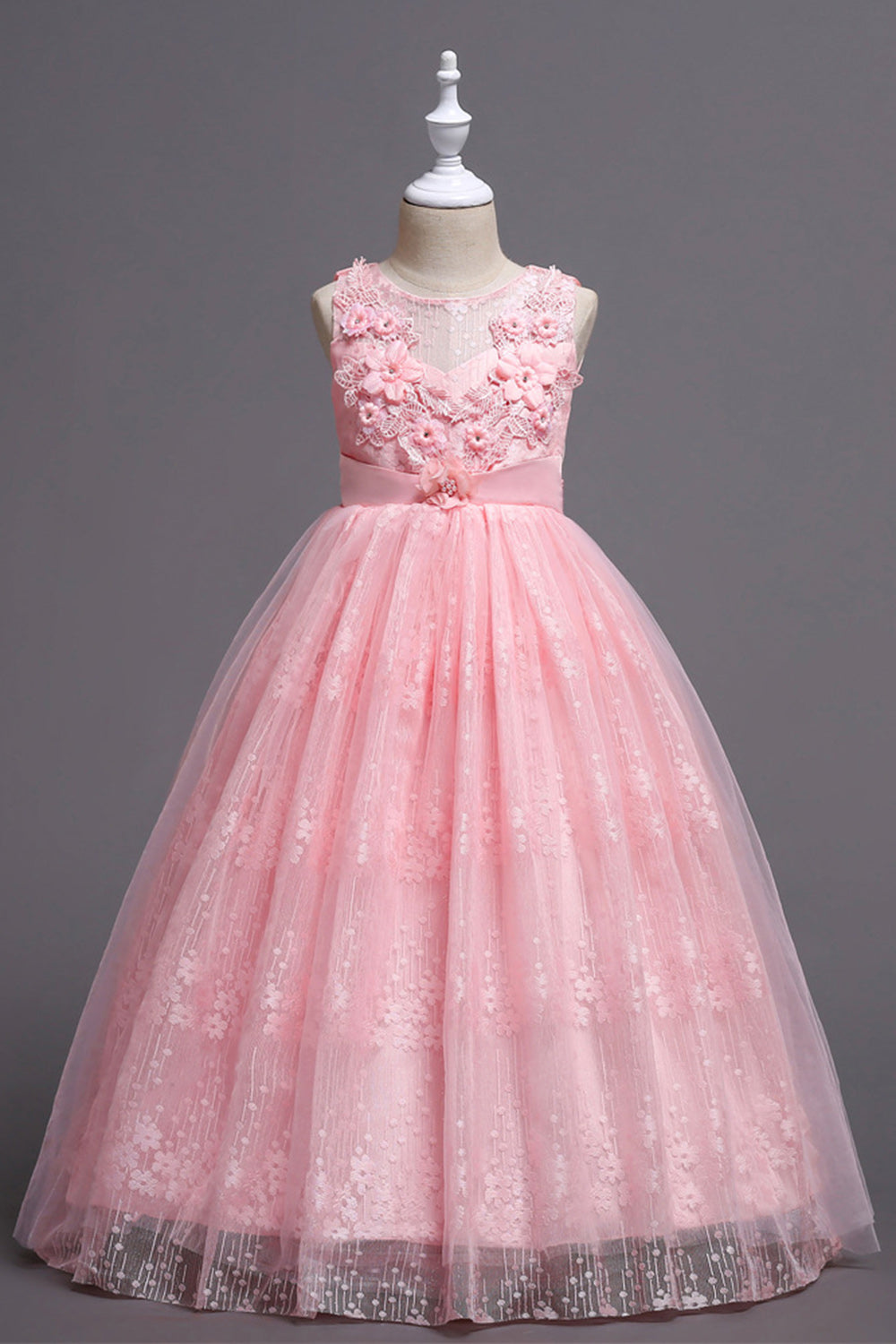 Pink Round Neck Girls Dresses With 3D Flowers