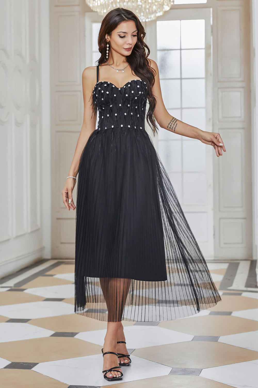 Sparkly Pleated Tulle Little Black Dress with Fringes