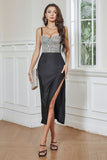 Sparkly Sheath Beaded Little Black Dress with Slit
