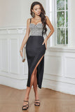 Sparkly Sheath Beaded Little Black Dress with Slit