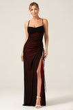 Black Red Sheath Spaghetti Straps Criss Cross Back Bridesmaid Dress with Slit