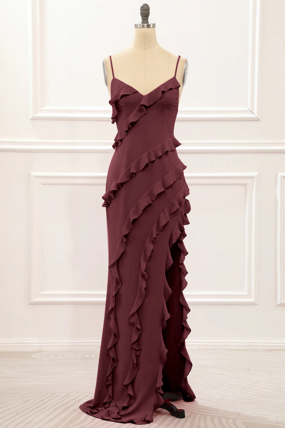 Cabernet Sheath Spaghetti Straps Long Bridesmaid Dress with Ruffles