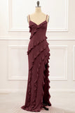 Cabernet Sheath Spaghetti Straps Long Bridesmaid Dress with Ruffles