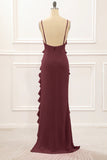 Cabernet Sheath Spaghetti Straps Long Bridesmaid Dress with Ruffles