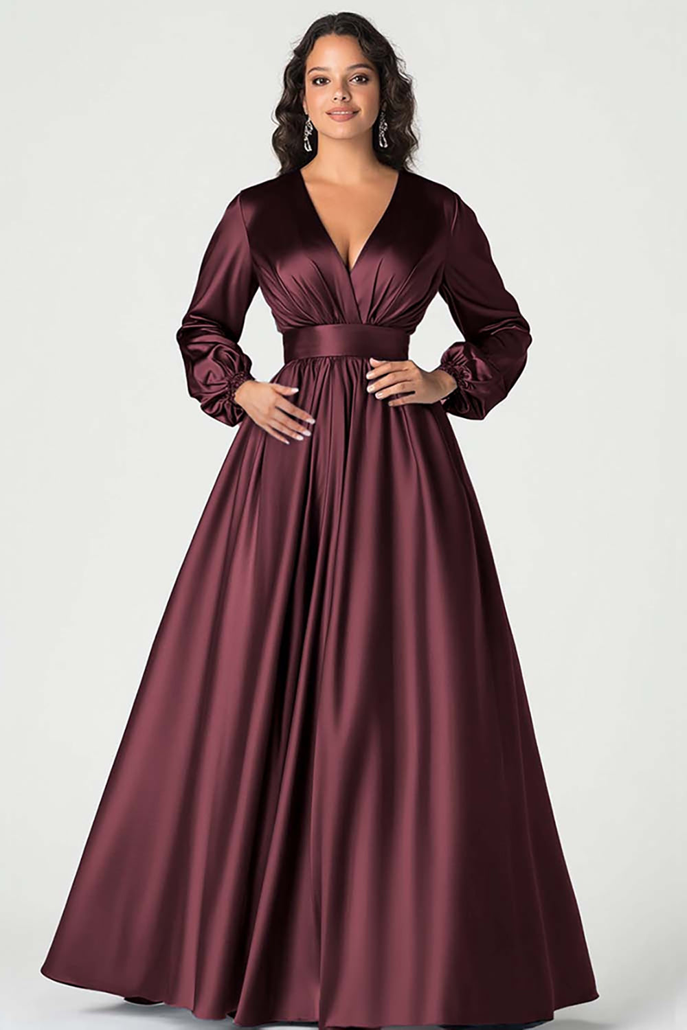 Grey Blue Satin A-Line Mother of the Bride Dress with Long Sleeves