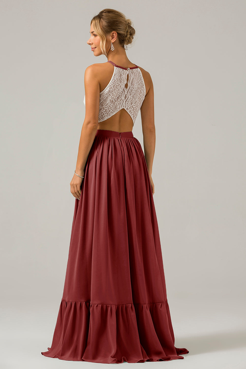 Cabernet A-Line Halter Pleated Keyhole Chiffon Bridesmaid Dress With Lace