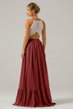 Cabernet A-Line Halter Pleated Keyhole Chiffon Bridesmaid Dress With Lace