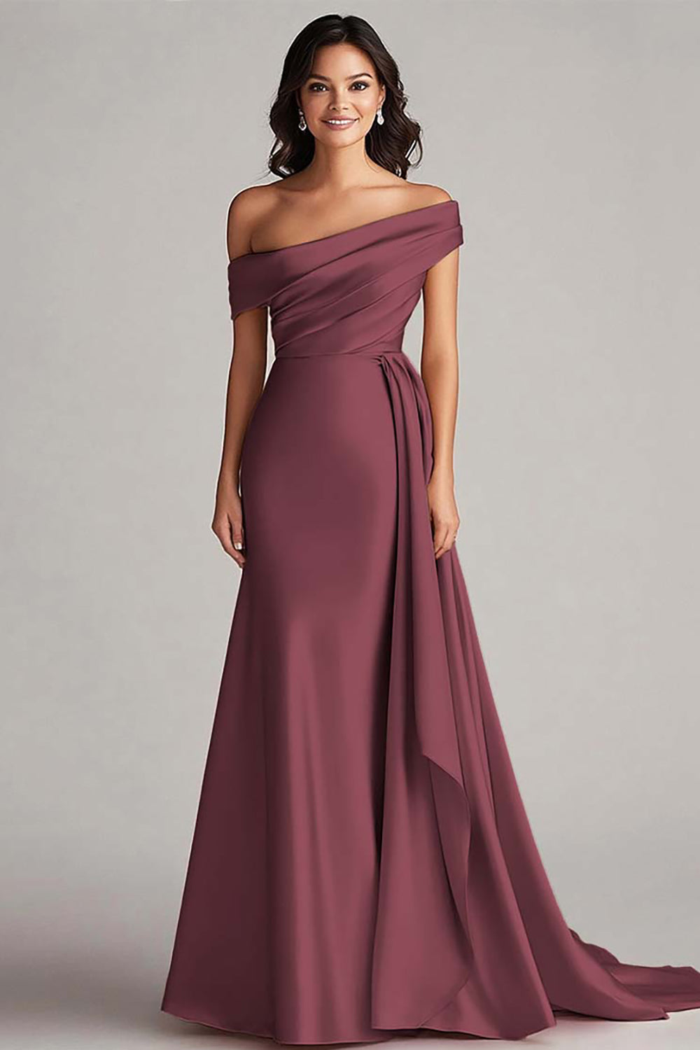 Champagne Satin Sheath Off the Shoulder Formal Dress with Side Cape