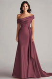 Champagne Satin Sheath Off the Shoulder Formal Dress with Side Cape