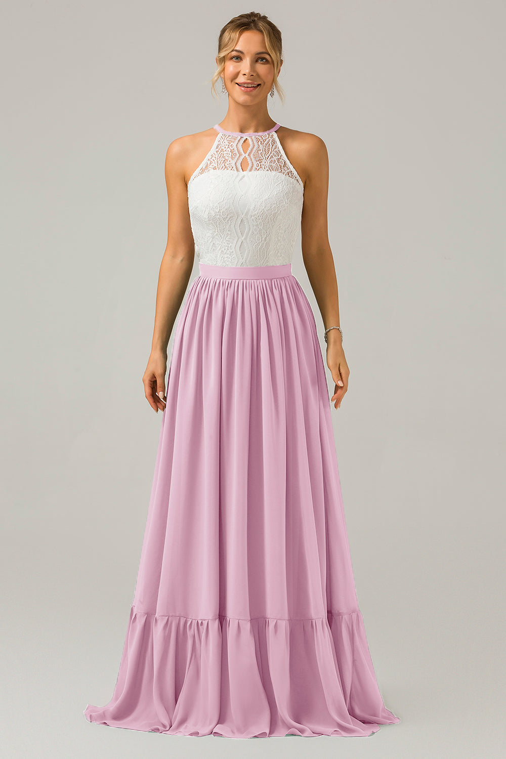 Cabernet A-Line Halter Pleated Keyhole Chiffon Bridesmaid Dress With Lace
