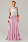 Cabernet A-Line Halter Pleated Keyhole Chiffon Bridesmaid Dress With Lace