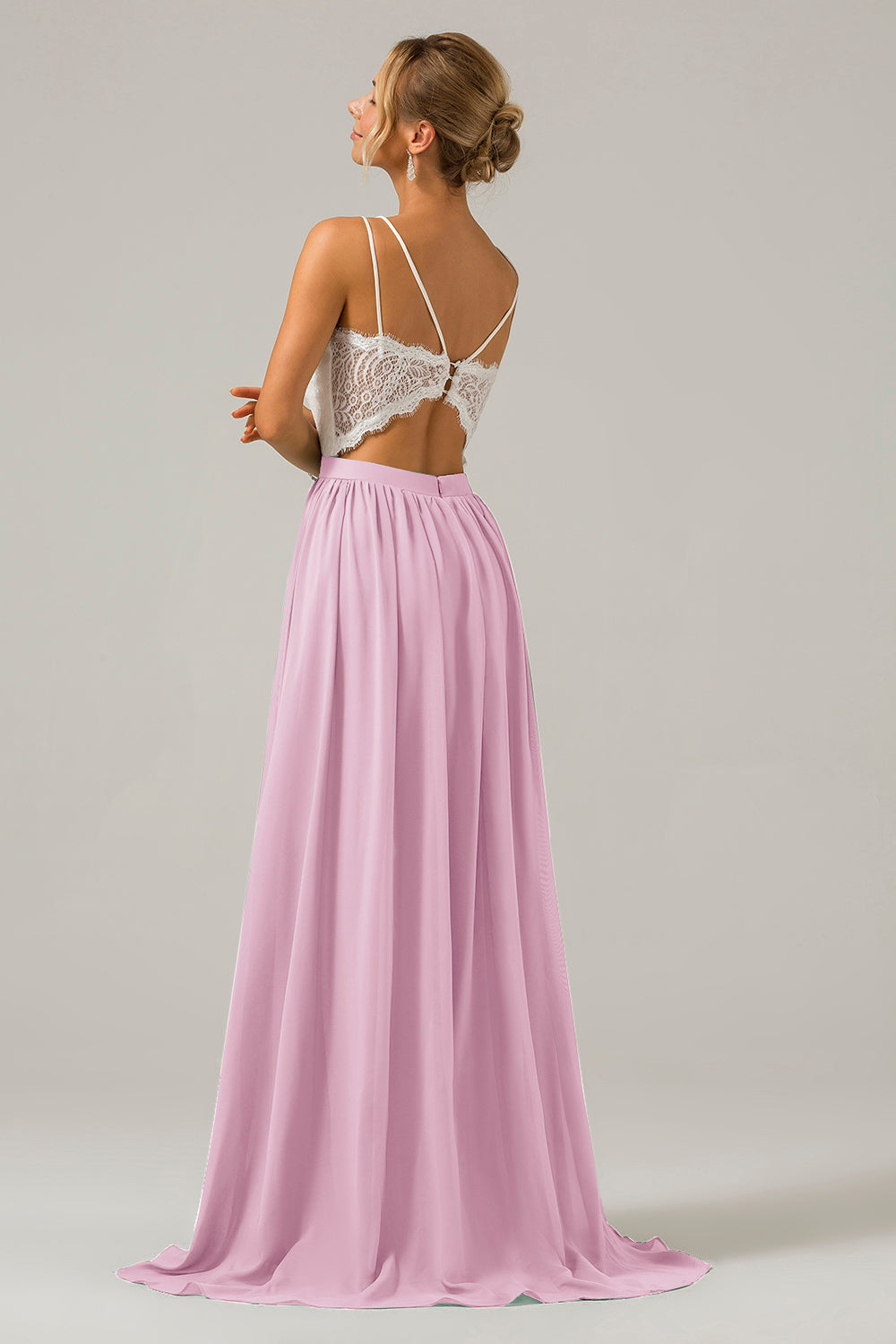 Cabernet A-Line Spaghetti Straps Pleated Long Bridesmaid Dress With Lace
