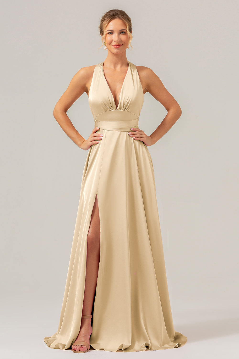 Peacock A Line Lace-Up Back Satin Bridesmaid Dress with Slit