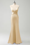 Elegant Champagne Mermaid Spaghetti Straps Twist Front Bridesmaid Dress