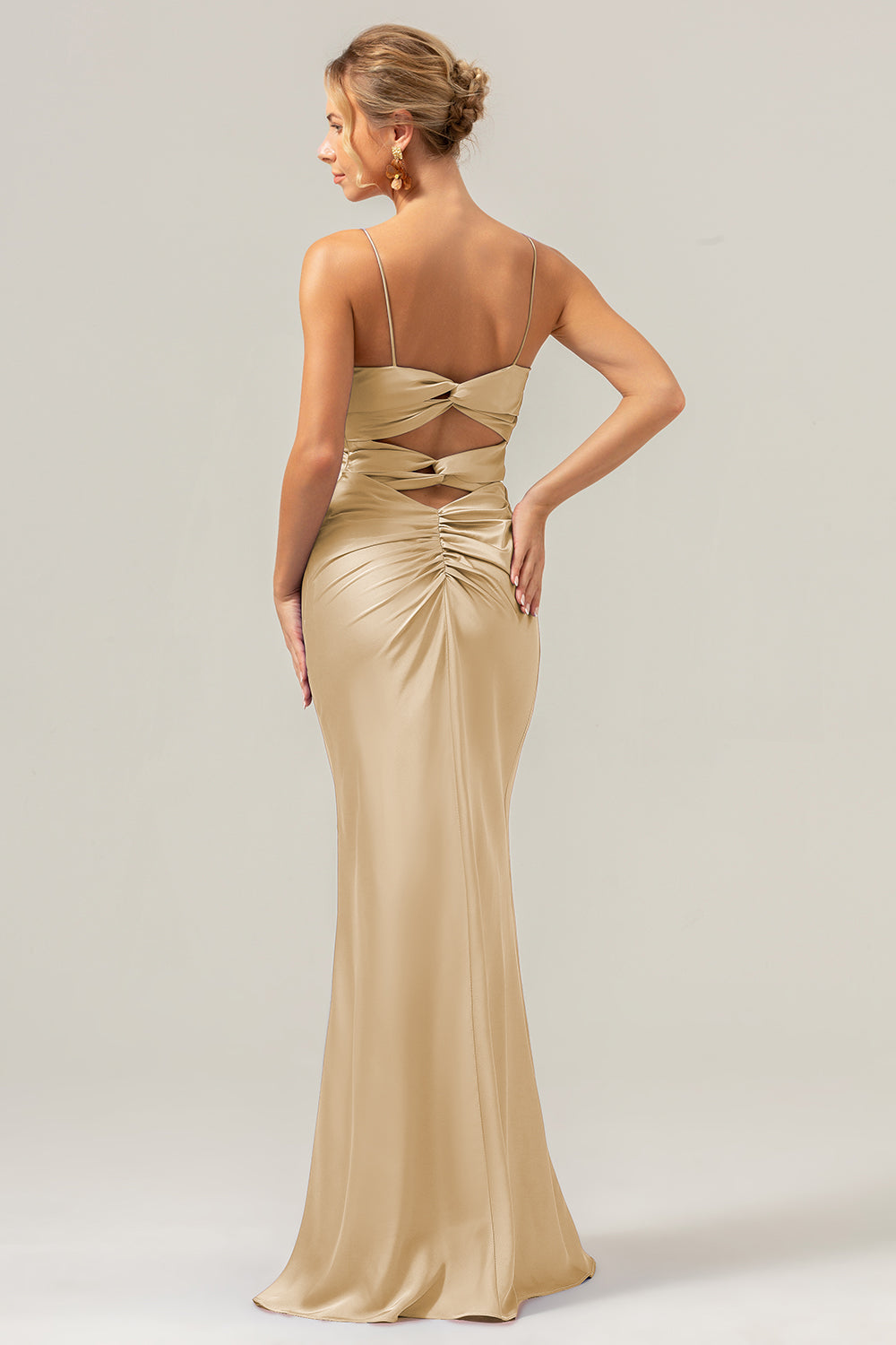 Champagne Spaghetti Straps Satin Mermaid Bridesmaid Dress with Hollow-Out Back
