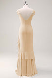 Blush Pink Mermaid V-Neck Chiffon Maxi Bridesmaid Dress with Ruffles