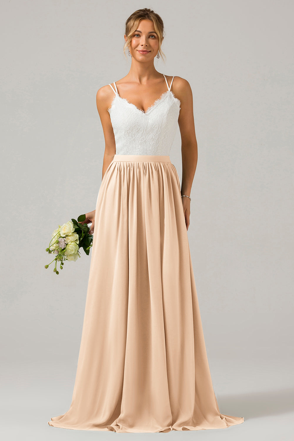 Cabernet A-Line Spaghetti Straps Pleated Long Bridesmaid Dress With Lace