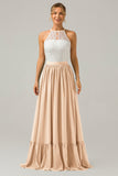 Cabernet A-Line Halter Pleated Keyhole Chiffon Bridesmaid Dress With Lace