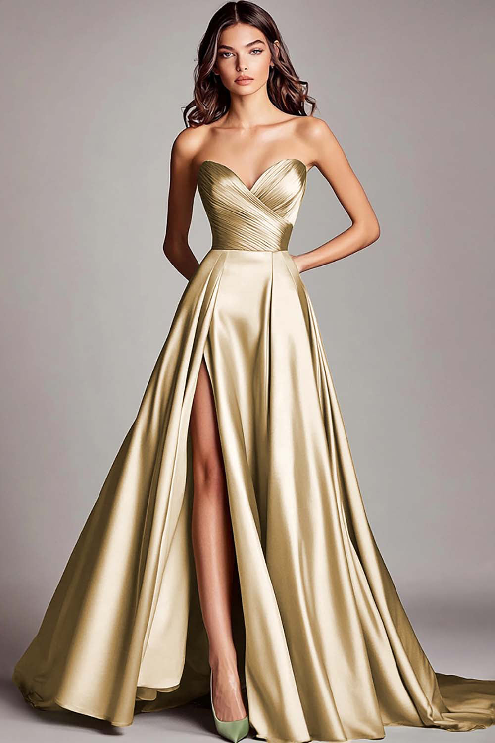 A Line Dusty Sage Sweetheart Strapless Maxi Prom Dress with Slit
