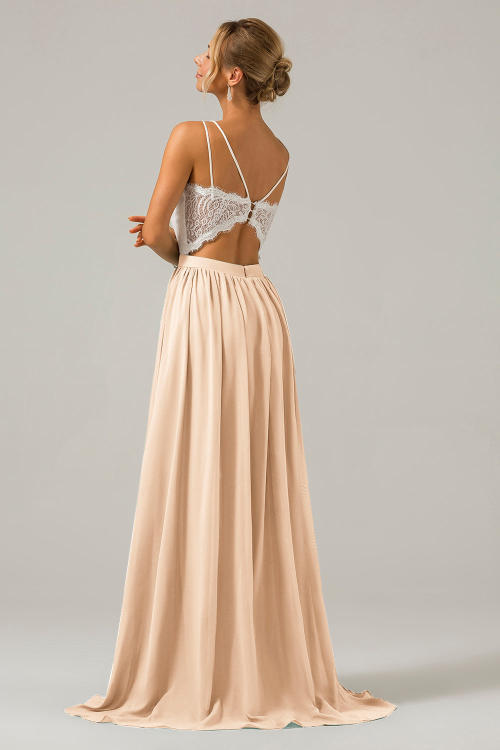 Cabernet A-Line Spaghetti Straps Pleated Long Bridesmaid Dress With Lace