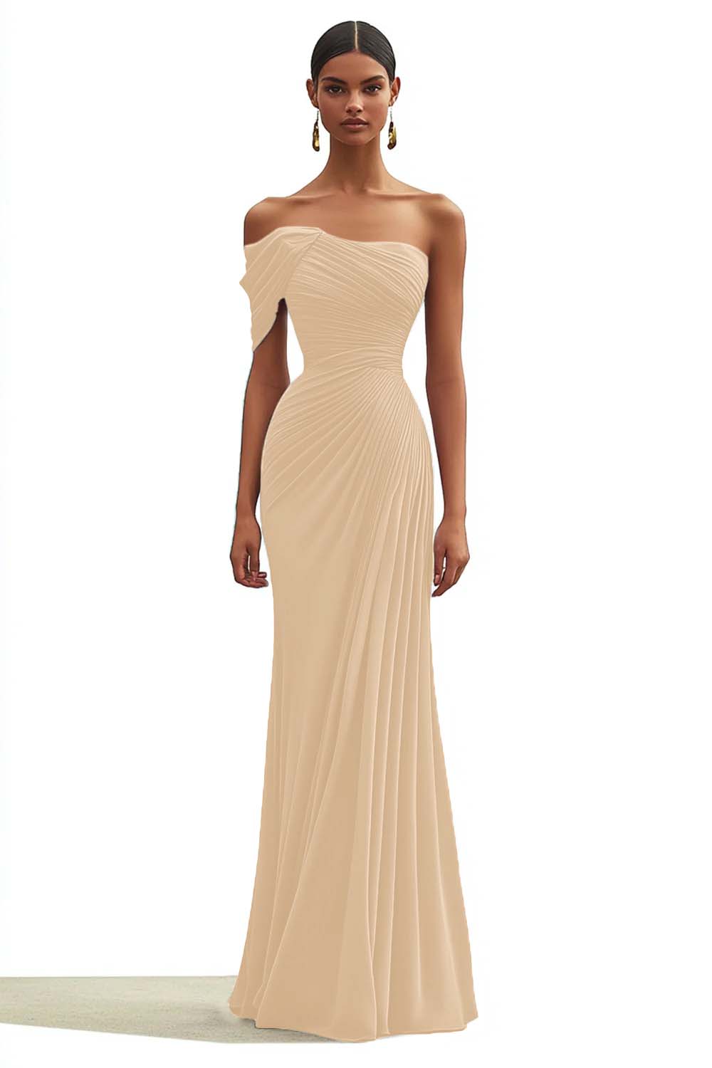 One Shoulder Dark Green Pleated Sheath Maxi Formal Dress