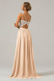 Cabernet A-Line Spaghetti Straps Pleated Long Bridesmaid Dress With Lace