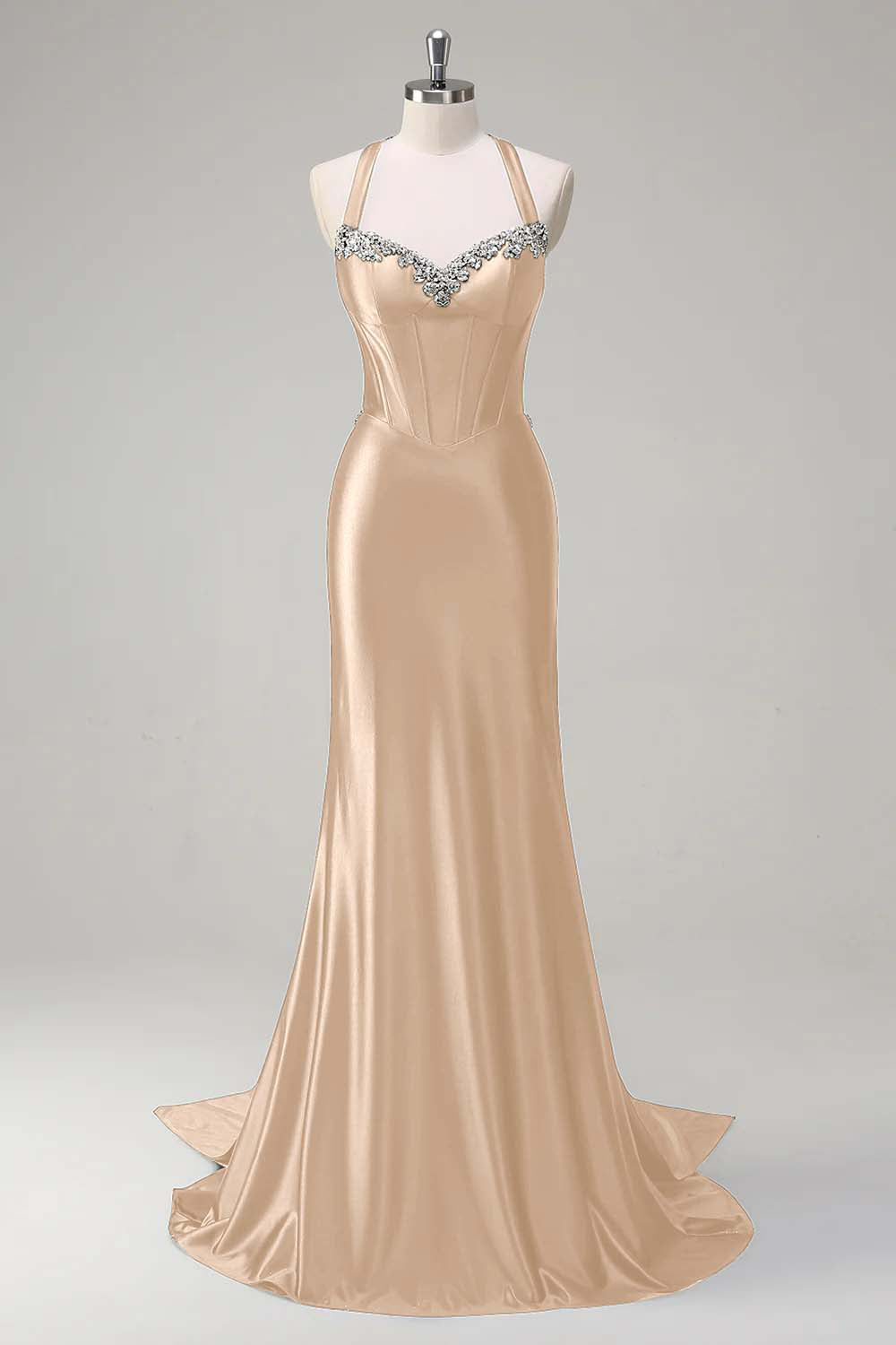 Dark Green Corset Beaded Satin Mermaid Sweep Train Prom Dress