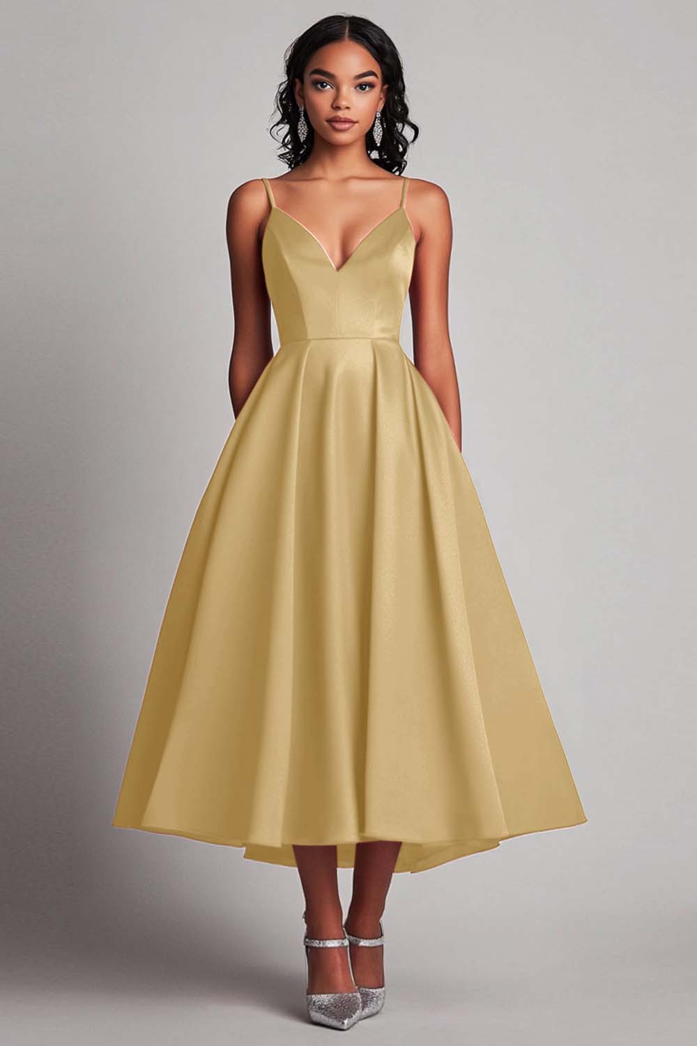 Leely Women Champagne Satin A-Line Spaghetti Straps Formal Dress V-Neck Tea Length Cocktail Dress
