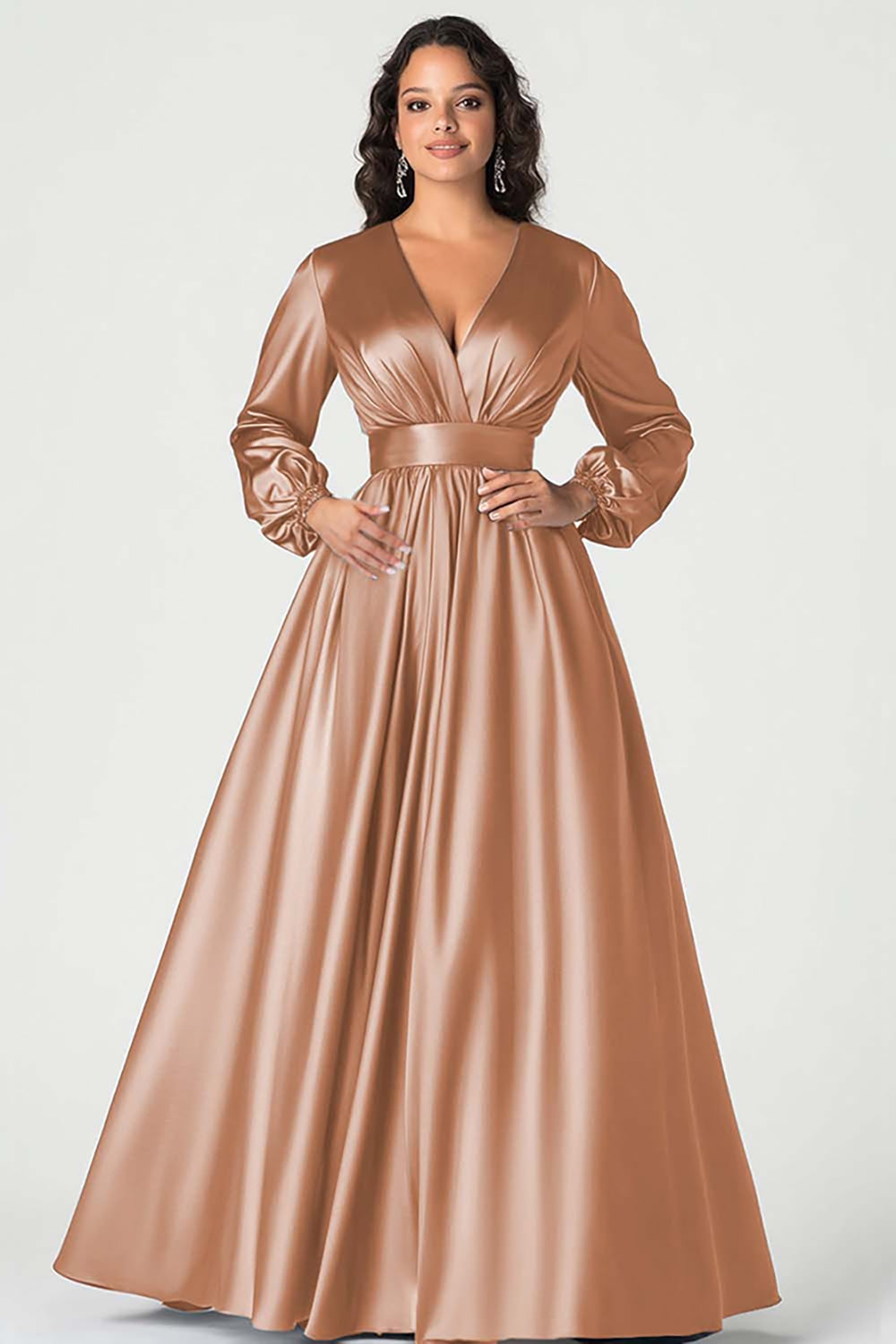 Grey Blue Satin A-Line Mother of the Bride Dress with Long Sleeves